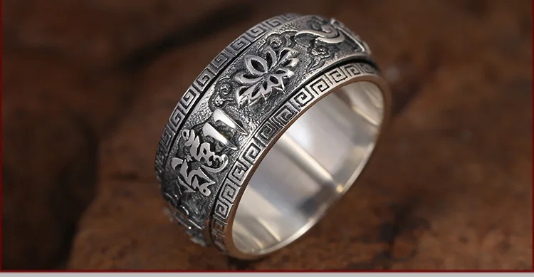 Bague en argent sterling 925 pour hommes, bijou vintage en argent thaïlandais, bague tournante, mantra à six caractères