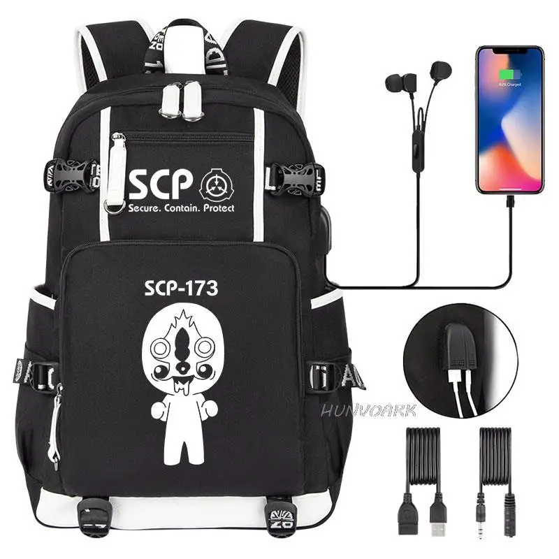 SCP Foundation Backpack Black Bookbag Cartoon School Bags for Teenage Kids SCP Travel Bagpack USB Laptop Shoulder Bags