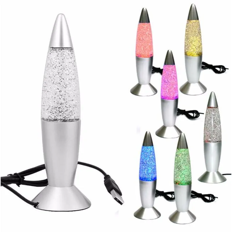 Mini Rocket Multi Color Changing Lava Lamp RGB LED Glitter USB Night Light Lamp with AC Charge Adapter for Home Decoration Lamp