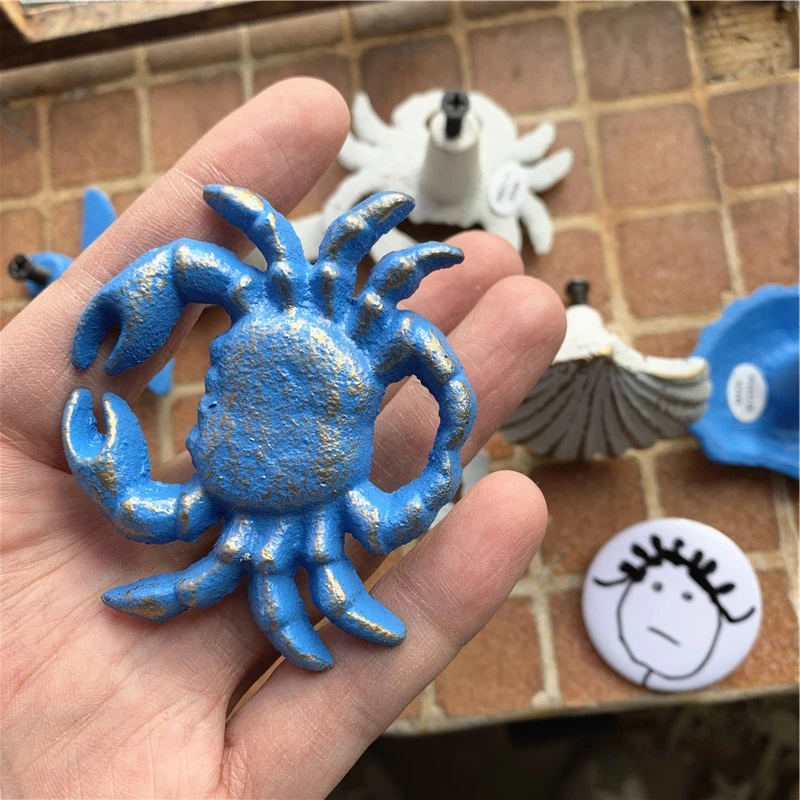 LCH Mediterranean Blue Vintage Iron Art Crab Starfish Shell Door Knob Pull Cloth Hook Outdoor Hardware Ancient Style