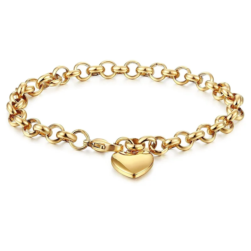 Heart Chain Bracelet Role Link for Women Stainless Steel Gold Color  Love Bangle Valentine Gifts Adjustable 15cm to 19cm