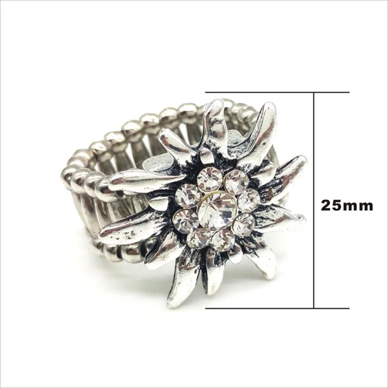 Vintage Silver Color Edelweiss Ring Simple Design Shiny Rhinestone Flower Elastic Rings For Women Oktoberfest Party Jewelry Gift