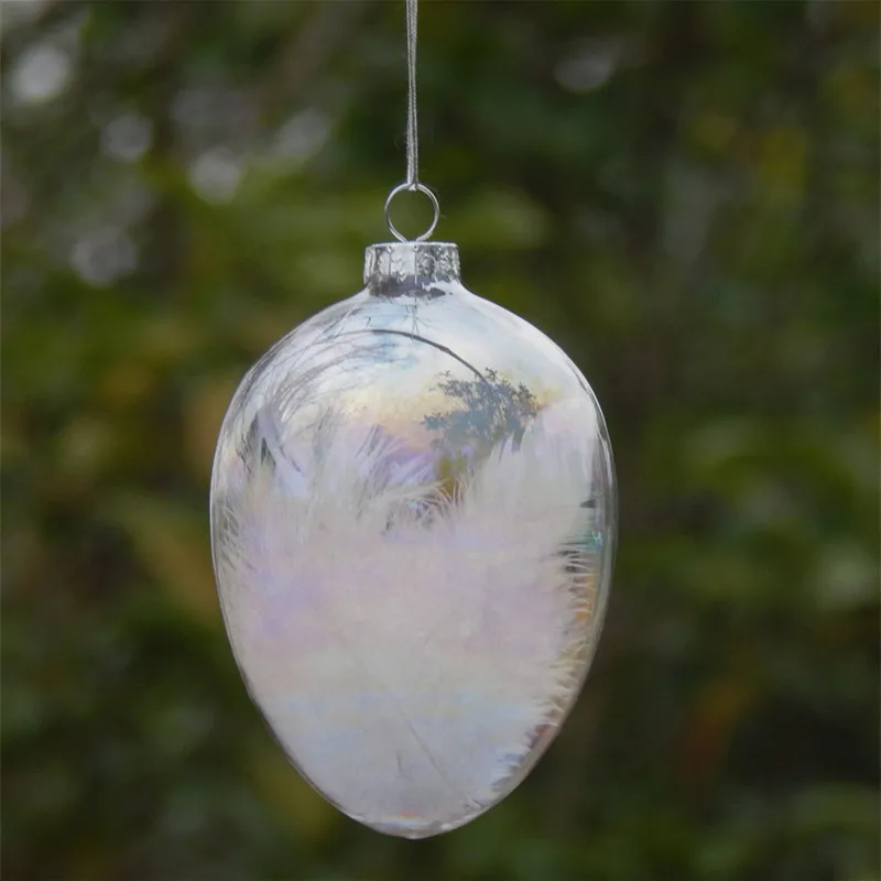 Free Shipping 8pcs/pack 7*10cm Small Size Pearl Lustre Egg Shaped Glass Pendant Christmas Day Decoration Feather Hanger