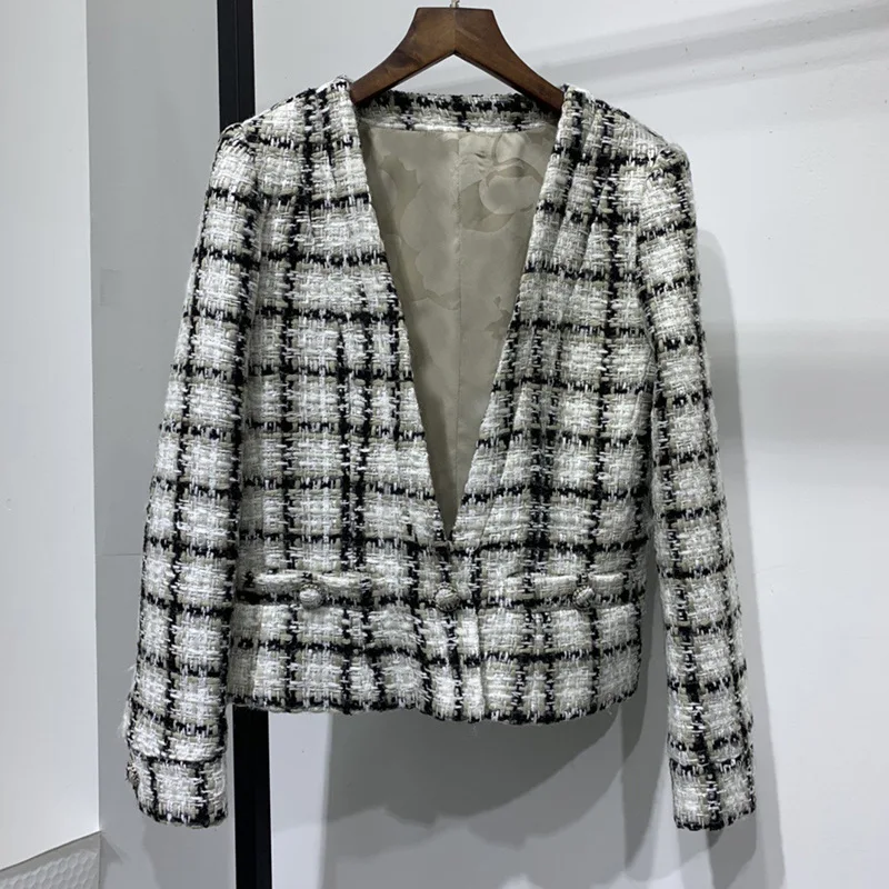 High quality women's elegant V-neck wool plaid tweed coat 2019 winter Fashion OL jackets coat B292