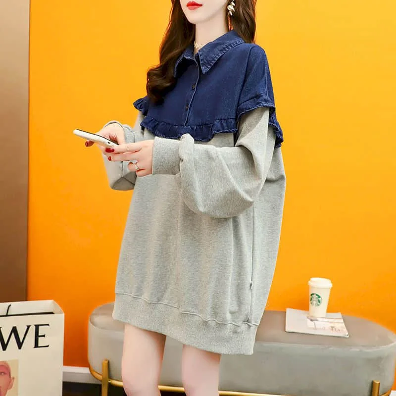 

Denim Stitching Polo Collar Sweater Women Spring Autumn Korean Loose Long-sleeved Street Style Button Pullover Soft Omfortable