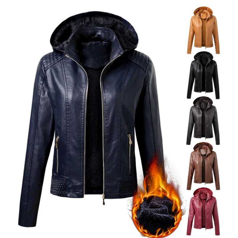 Women's PU Leather Coat, Hooded Collar, Velvet, Short, Keep Warm, Fashion, Autumn, Winter, S-XL, New Arrival