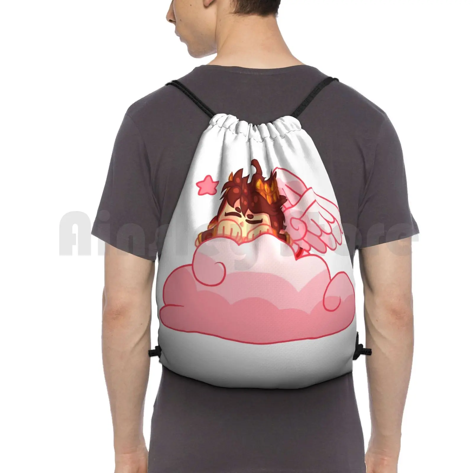 Sleepy Pit Backpack Drawstring Bags Gym Bag Waterproof Cute Pink Pit Kid Icarus Angel Pretty Cloud Clouds Cartoon Video