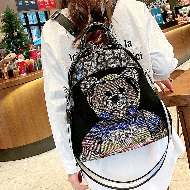 Women Fashion Sequin Leather Backpack High Capacity Luxury Shoulder Bag Cute Bear Girl School  Bag Black Travel Knapsack Mochila