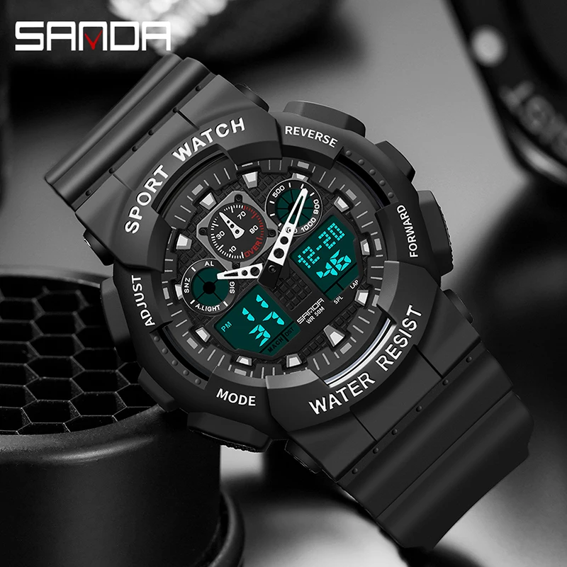 SANDA Sport Watch Dual Time Men Watches 50m Waterproof Male Clock Military Watches for Men Shock Resisitant Sport Watches Gifts