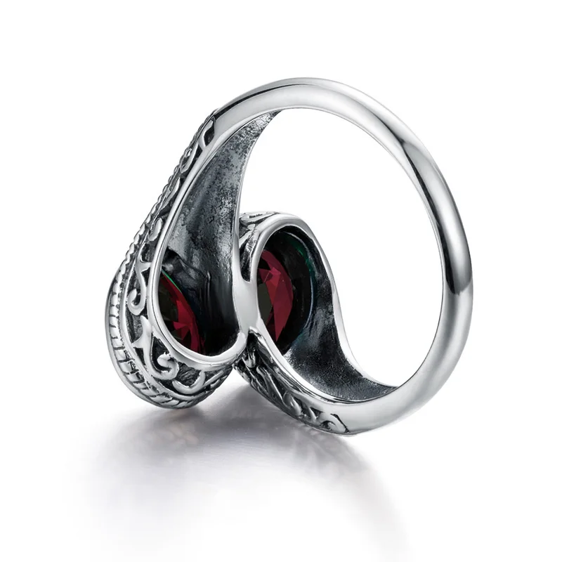 Reines 925er-Sterlingsilber, Damenring mit zwei Granatsteinen, Vintage-Schmuck, gotischer Tropfenform, für Hochzeit und Jubiläum, ein Geschenk für die Frau. – Detail 4