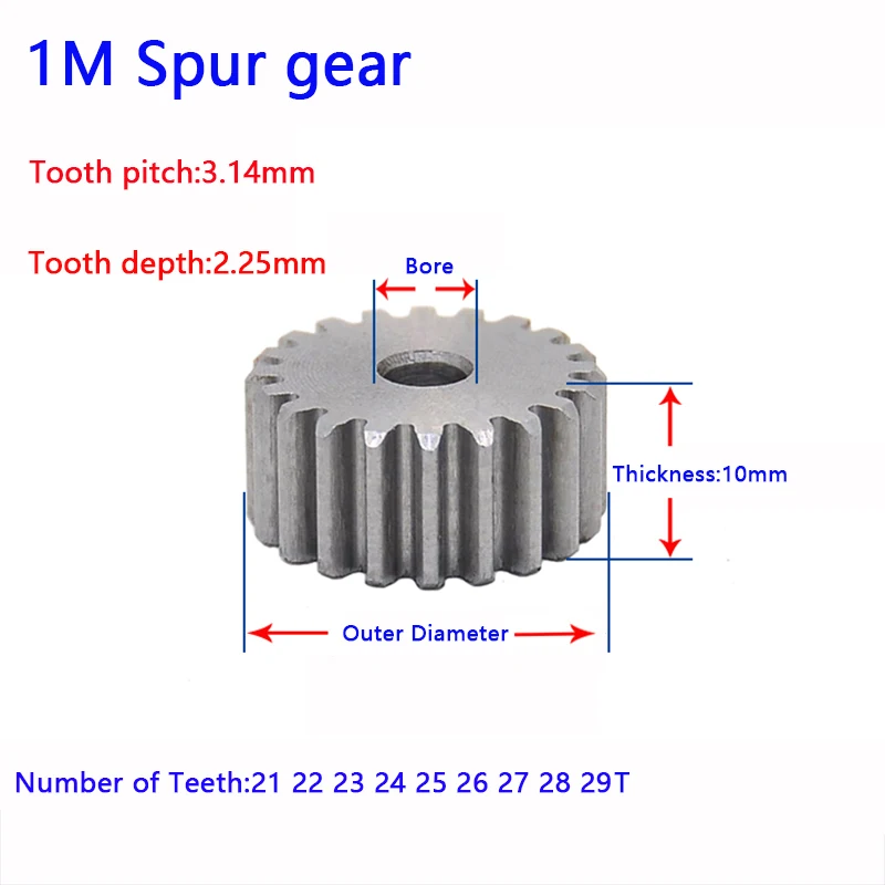 1M Spur Gear 21 22 23 24 25 26 27 28 29 30 31 32Teeth Thickness Of 10mm 45#Steel No Steps On Two Planes Unhardened Tooth Surface