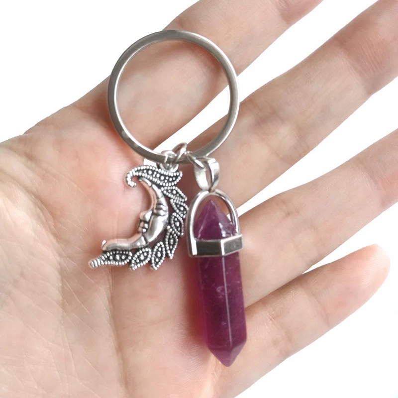 Natural Stone Hexagonal Column Couple Keychain Women Opal Quartz Key Chains With Sun Moon Trinket Wedding Party Lovers Gift
