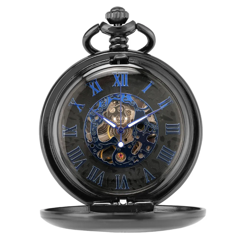 Smooth Black Mechanical Hand Winding Pocket Watch Half Hunter White Roman Numerals Cover Manual Mechanism Pendant Pocket Clock