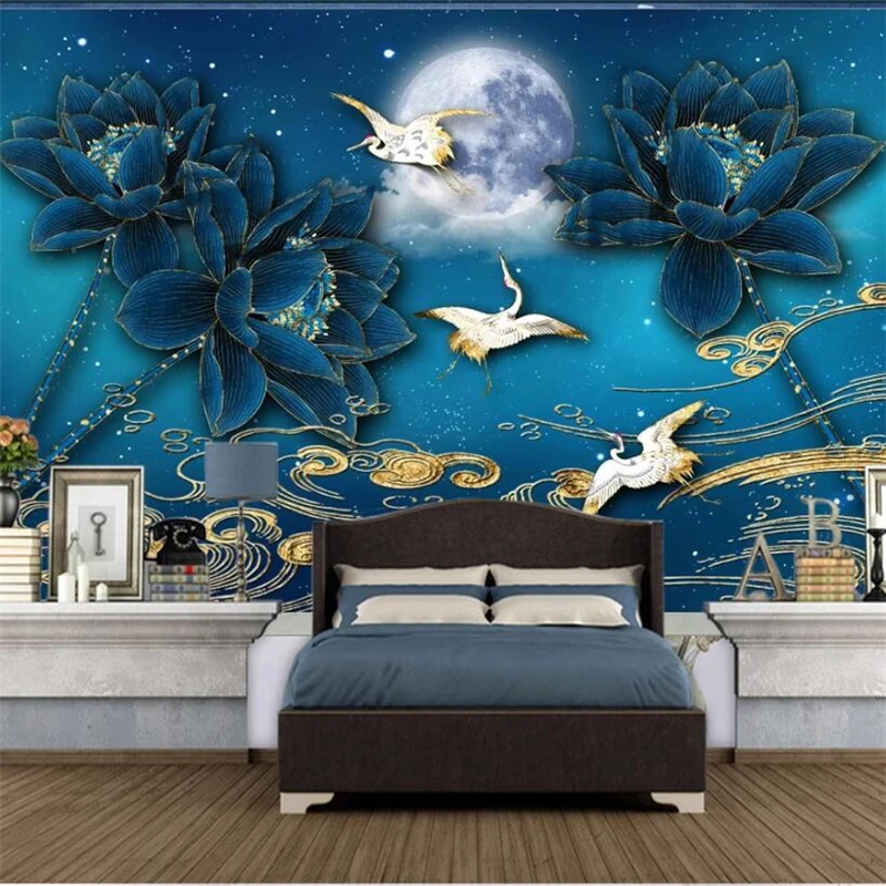 beibehang Customized large mural new Chinese style national tide tide golden blue lotus TV background wall wallpaper