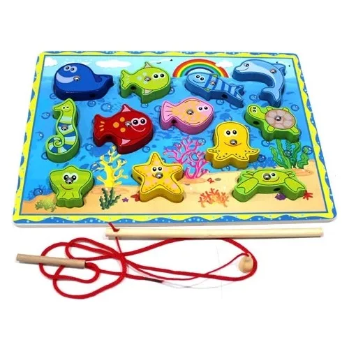 Original Buotique Magnetic 12-Piece Wooden Fishing and Stringing Educational Skill Game