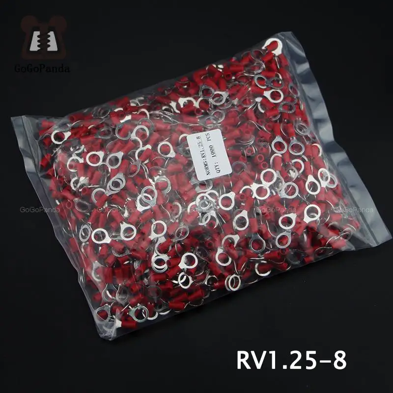 1000PCS RV1.25-(3 4 5 6 8 10 12) Red Ring Insulated Terminal Cable Crimp Terminal Suit 0.5-1.5mm2 Cable Wire Connector 22-16 AWG