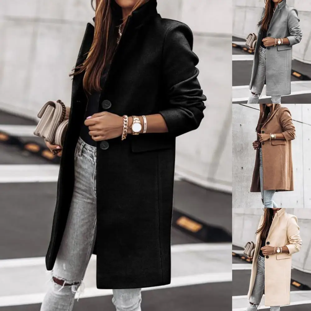 

Women Winter Warm Long Sleeve Button Lapel Coat Mid-length Jacket Overcoat