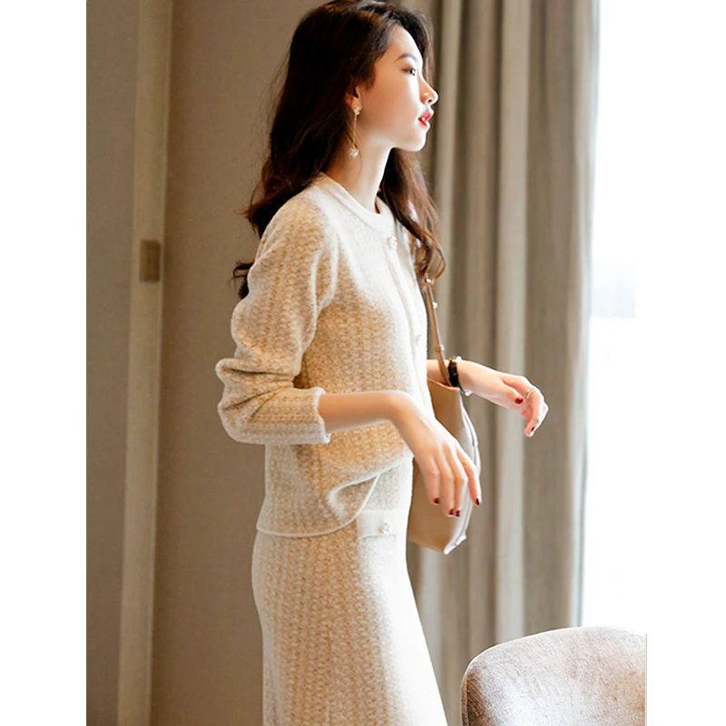 Suits Women Two Pieces Set Elegant Style 30% Wool Blended Knitted  O Neck Long Sleeve Patchwork Pullover Skirts New Fashion