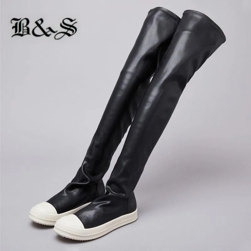 

Black& Street Over Knee High Women Sock Tight Boots stretch fabric+ leather Slim Fit winter Boots