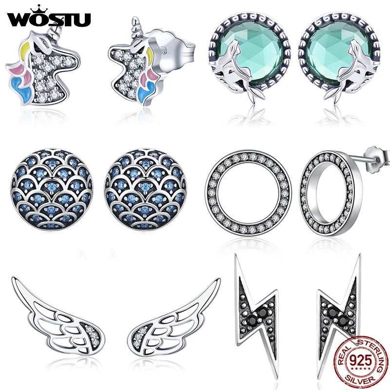 WOSTU 100% 925 Sterling Silver Flower Unicorn Fairy Stud Earrings For Women Original Wedding Earrings Fashion Silver 925 Jewelry