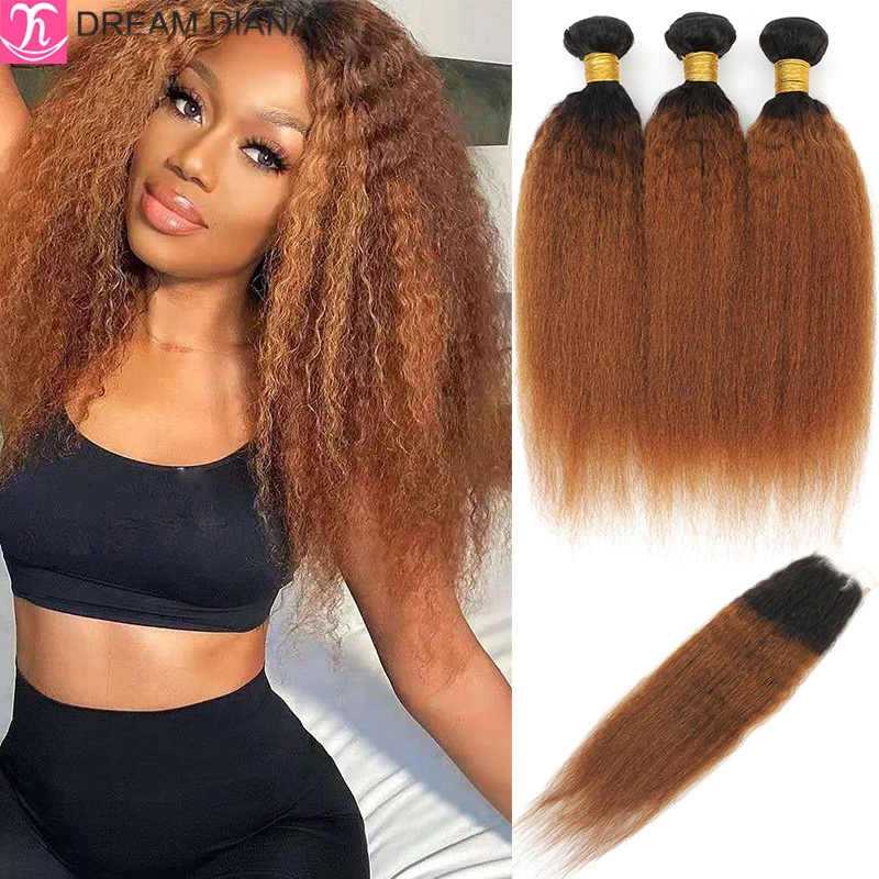 DreamDiana Ombre Brazilian Hair With Closure Remy Ombre Kinky Straight Bundles With Closure T1B/30 Afro Yaki 100% Human Hair