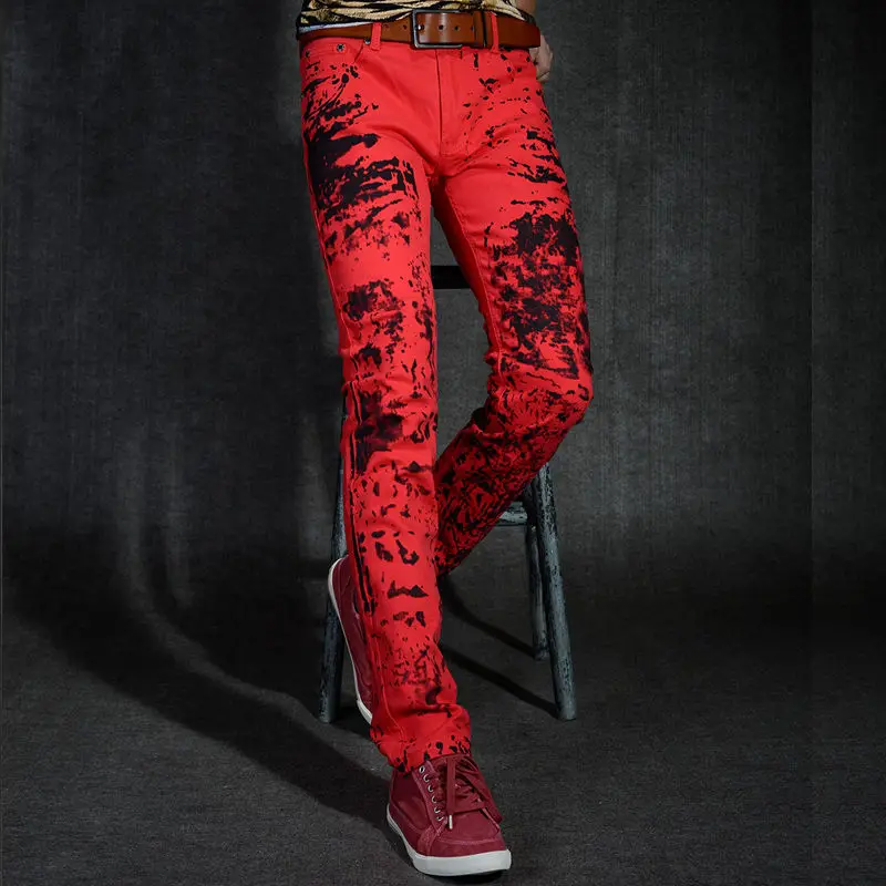 Splash print jeans men's Korean version of the trend of men's casual trousers Slim feet personality pattern flower pants