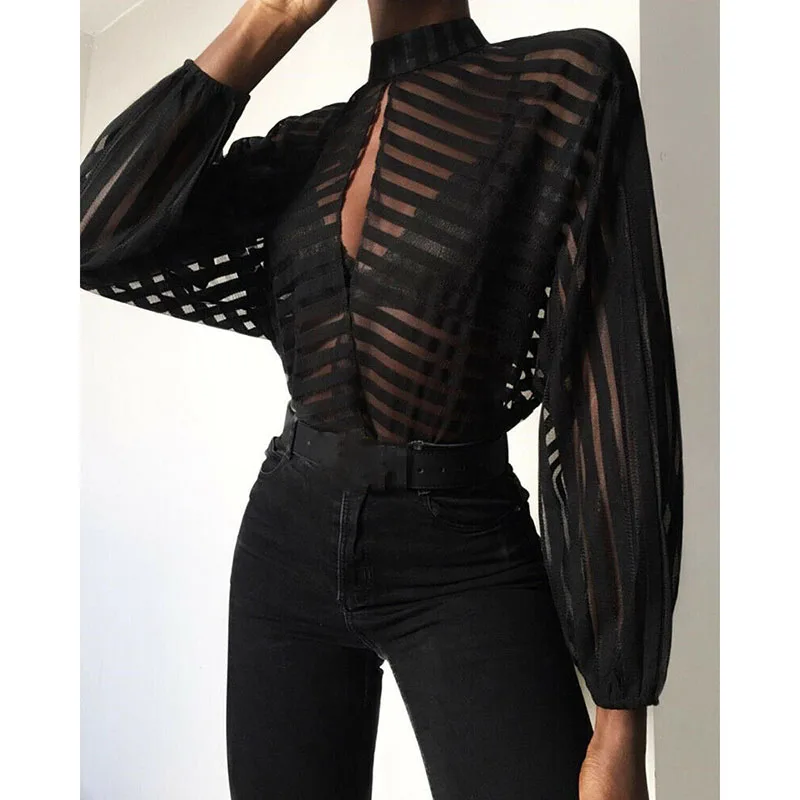 Blusa holgada de malla de gasa de estilo francés para mujer, camisa transparente de manga larga para mujer, linterna hueca frontal negra, aspecto