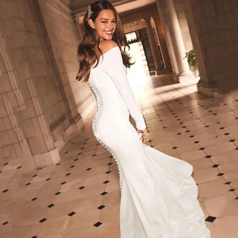 Hot Koop Off Shoulder Mermaid Trouwjurken Lange Mouwen Satin Wedding Gown Backless Simple Boho Bruid Jurk Vestido De Noiva