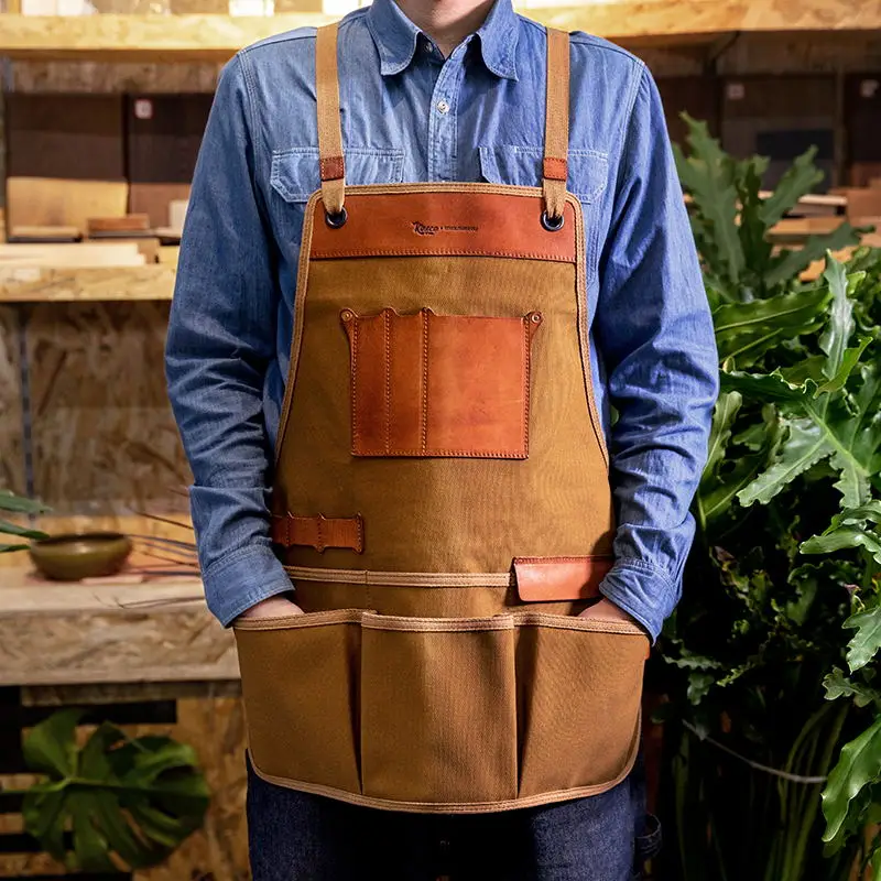 Retro Canvas Apron Genuine Leather Cowhide Hardware Craftsman Aprons Work Shop Multi Tooling Pockets Cooking Gardener Men Unisex