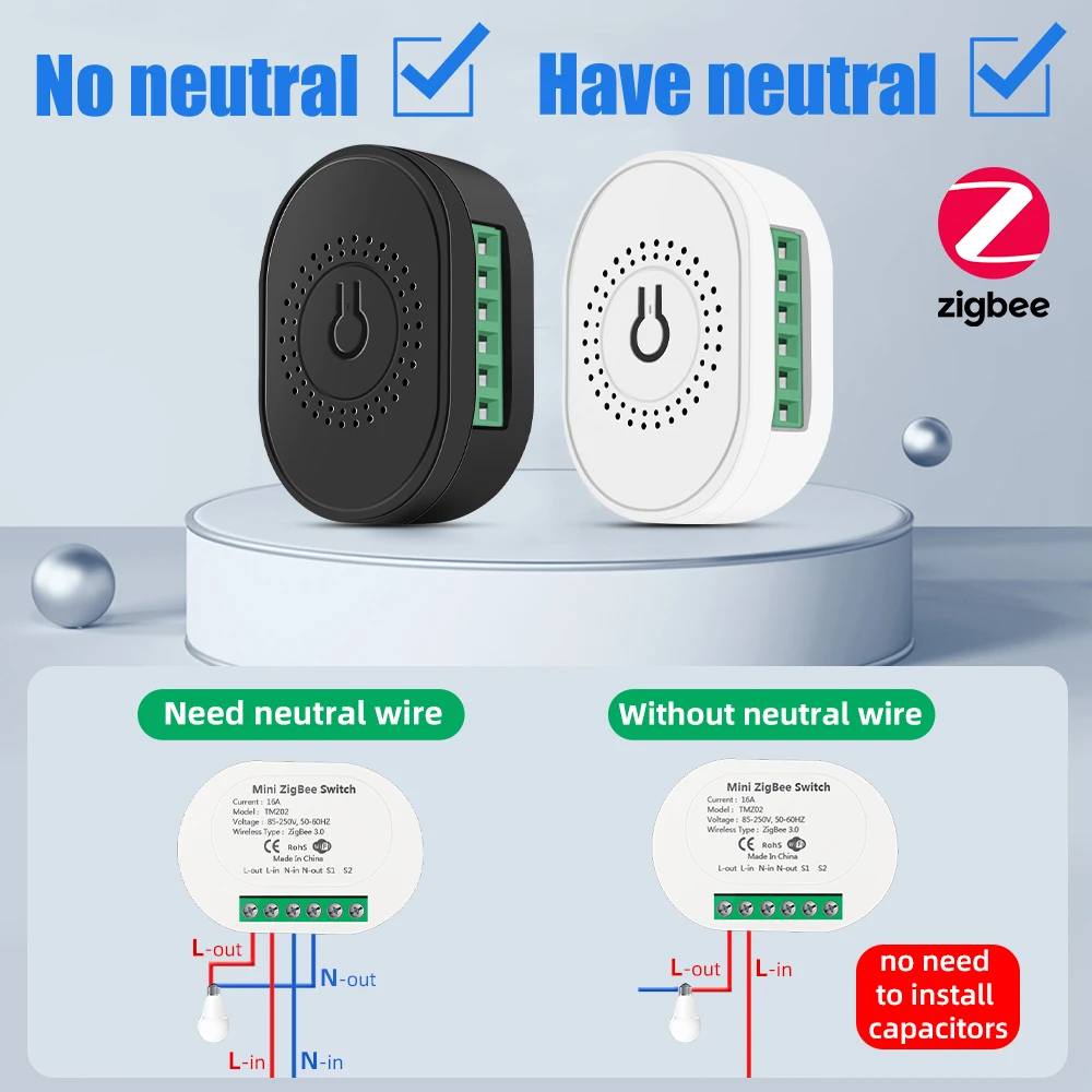 SMATRUL ZigBee Tuya 16A No Neutral Wire Smart Switch Light Module Breaker 2 Way Control For Alexa Google Home Gateway Brazil