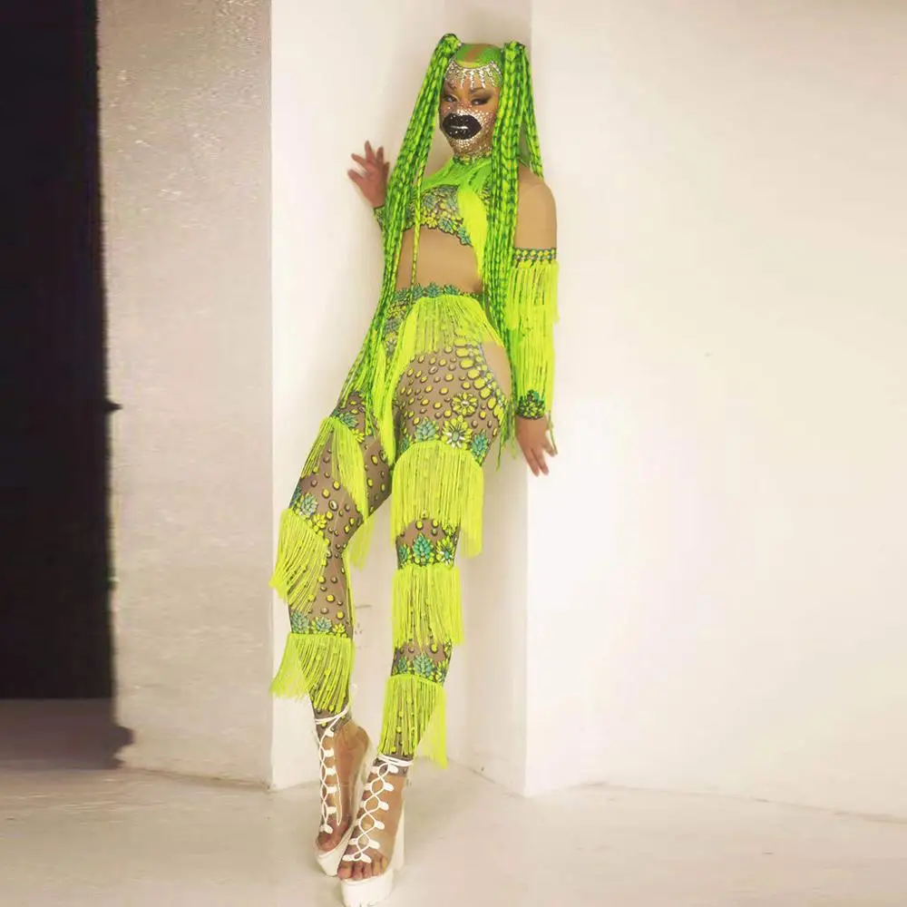 

Women Singer Dancer Stage Performance Fringe Leotard Sexy Dance Costume Fluorescent Green Tassel Stretch Print Spandex Jumpsuit