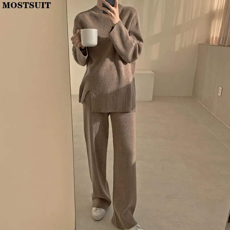 

Chic Elegant Knitted Two Piece Pant Set Women Fall Winter Long Sleeve Sweater + Wide Leg Pants Suits Solid Loose Vintage Set