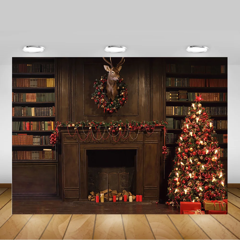 Christmas Fireplace Backdrop Photography Wooden Bookshelf Wall Gifts Elk Specimen Bells Wreath Background Christmas Trees Candle