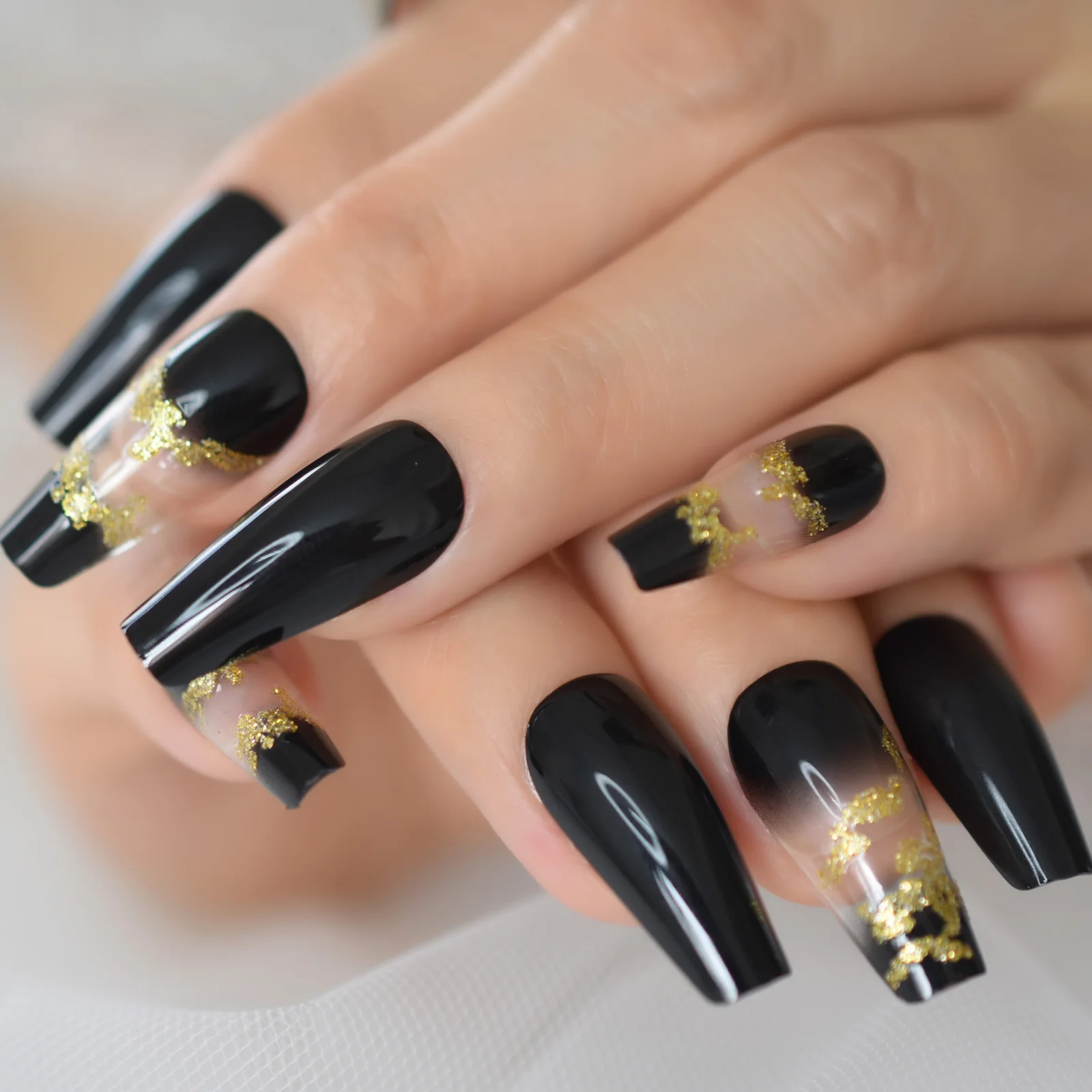 48 pçs brilhante glitter ombre preto claro francês branco bailarina caixão imprensa no falso prego ballet unhas falsas dicas para mulher menina