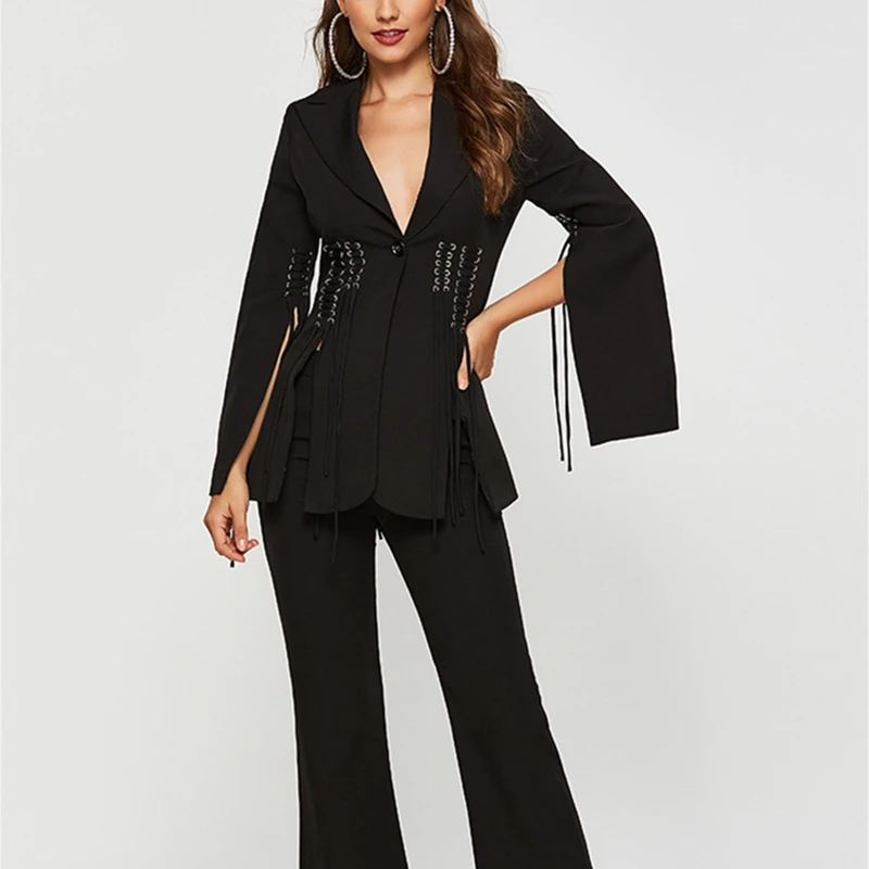 

Fall New Suit Lapel Long-Sleeved Bandage Split Fit Black V-Neck Coat Women's Casual Women's Temperament Commuting Style