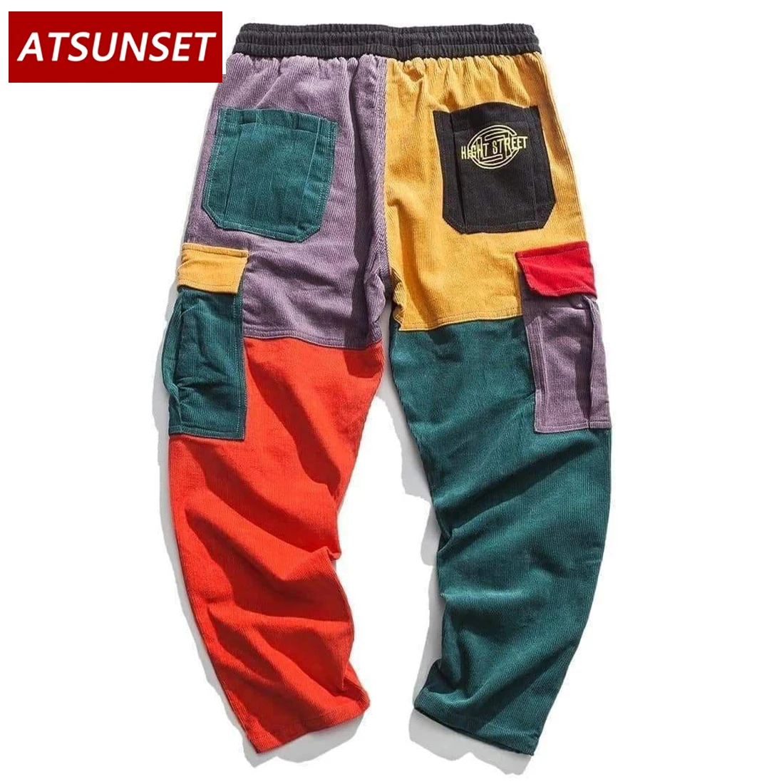 ATSUNSET  Color Stitching Cargo Pants Pocket Casual Streetwear Harajuku Sweatpants Male Hip Hop Trousers