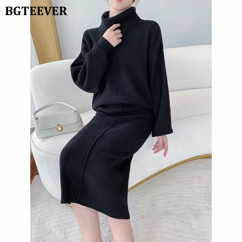 BGTEEVER Elegant Women Thicken Warm Loose 2 Pieces Knitted Set Turtleneck Long Sleeve Sweaters & Pencil Midi Skirts 2021 Autumn