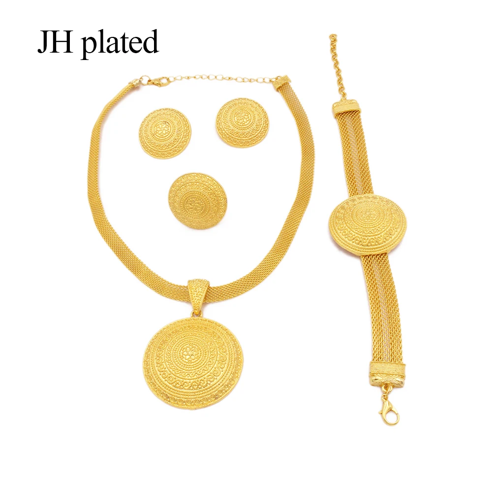 gold color jewelry sets for women Dubai African bridal party wedding gifts round pendant necklace bracelet earrings ring set