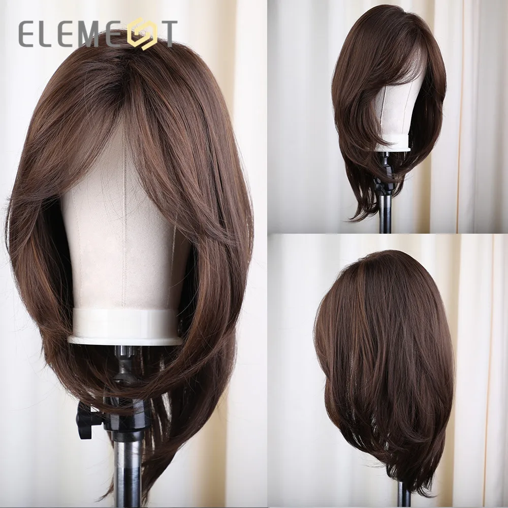 Element Medium Length Synthetic Straight Natural Brown Wigs with Side Bangs Heat Resistant Party Wigs for White/Black Women