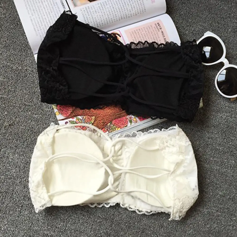 White Strapless Tube Top Women Chest Binder Sexy Cut Out Padded Cross Back Lace Crop Invisible Bra Top Summer Underwear