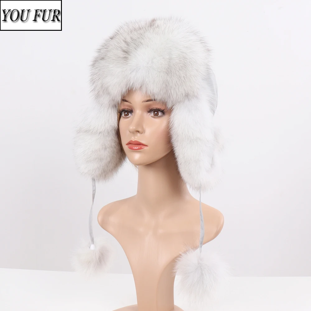 

Hot Sale Women Natural Fox Fur Russian Ushanka Hats Winter Thick Warm Ears Fashion Bomber Hat Lady Genuine Real Fox Fur Cap