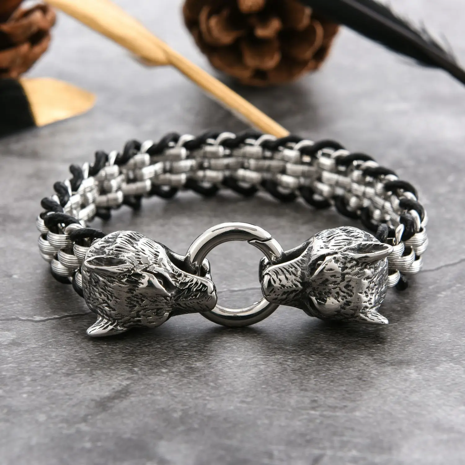 Double Wolf Head Biting Bracelets for Men Titanium Stainless Steel with Leather Rope Viking Punk Male Jewelry