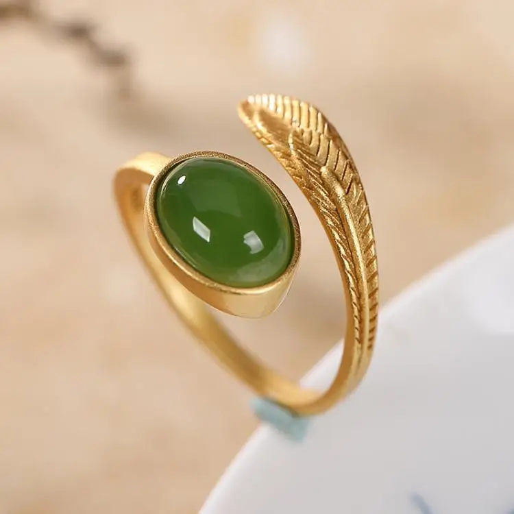 Natural Hetian jade feather ring Chinese style retro creative unique ancient gold craft luxury women elegant silver jewelry