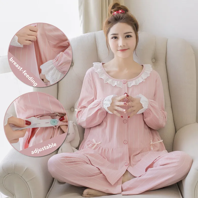 Sweet Maternity Nursing Nightwear Pink Cotton Breastfeeding Sleepwear For Pregnant Women Autumn Pregnancy Pajamas Night Wear Set