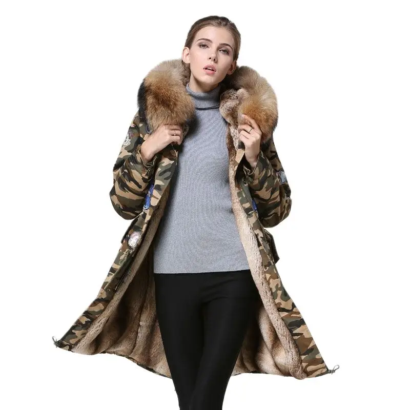 Camouflage Long Parka Ladies Fashion Wear,Natural Raccoon Fur Hoodies Street Fashion Wear