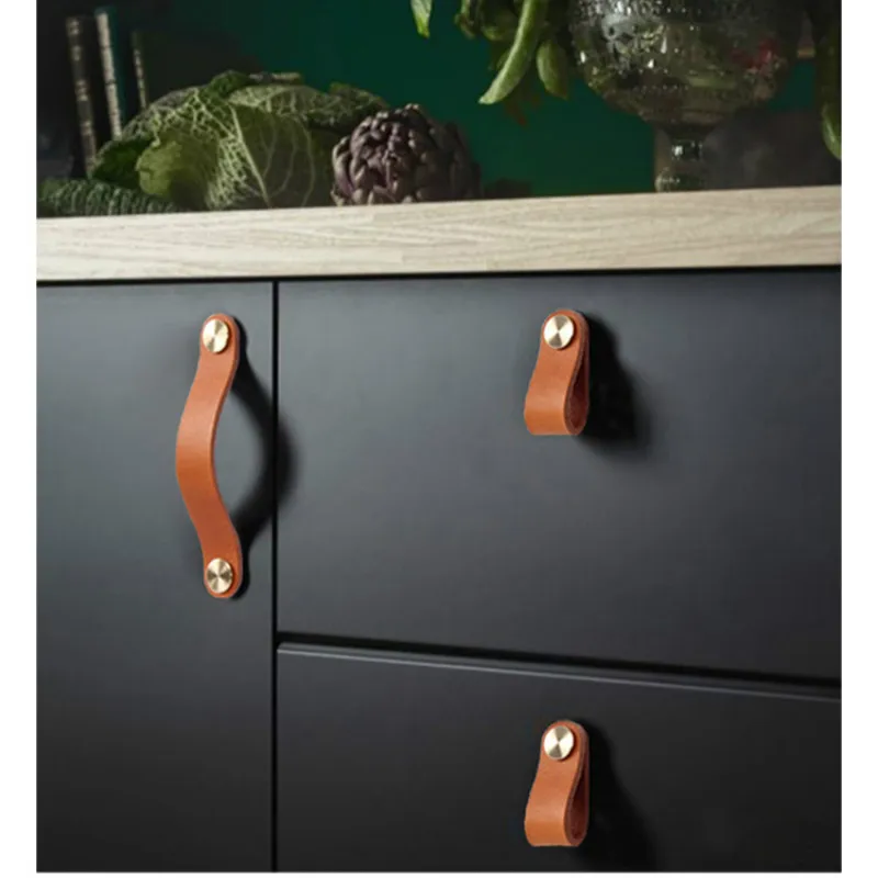 Thickened Quality Leather Furniture Handles Cupboard Kitchen Drawer Brass Cabinet Pulls Children Dresser Door Knobs Gold