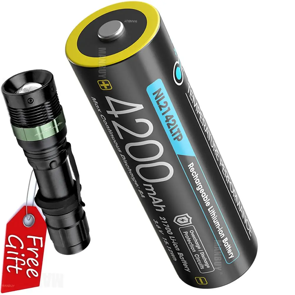 Original Nitecore NL2142LTP 21700 4200mAh 3.6v Li-ion Rechargeable Battery -40C Low Temperature Resistant 1PC + Gift Flashlight