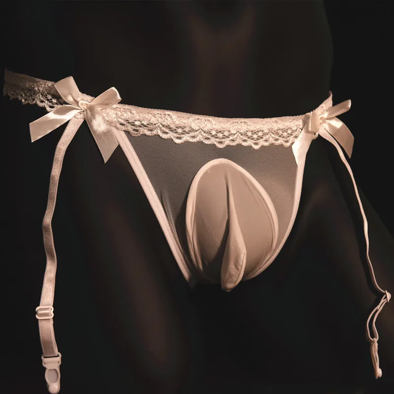 

U Convex Pouch Sexy Men G-string COCK Ring Lace Sexy Thong Hollow Sheer Underwear T-back Garter Erotic Lingerie JJ Open M12