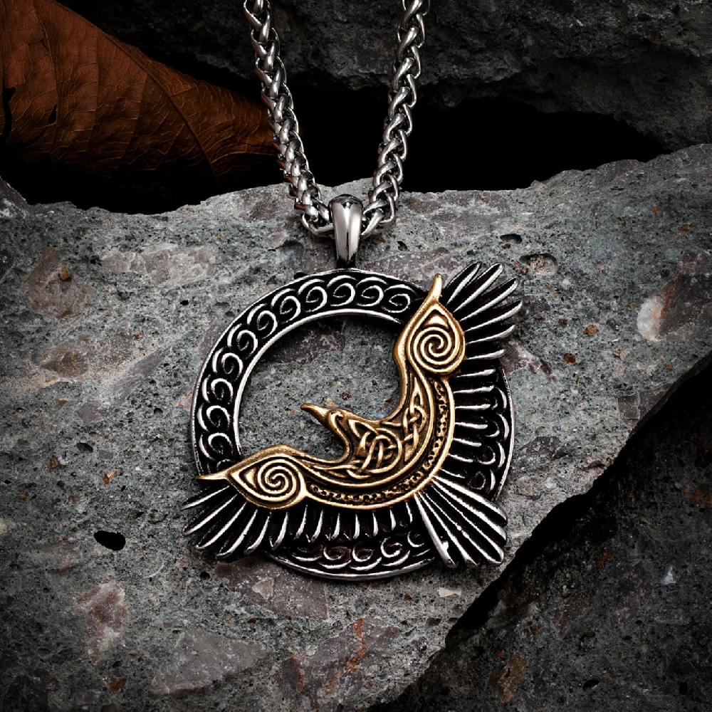 Gold Color Eagle Crow Necklace Men Viking Raven Amulet Stainless Steel Odin Rune Pendant Norse Mythology Jewelry Gift Never Fade