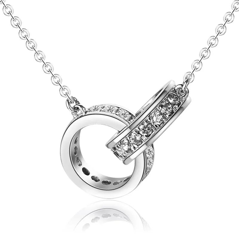 925 Sterling Silver Double circle zircon Necklaces & Pendants For Women Fashion Lady Festival Gift Sterling-silver-jewelry